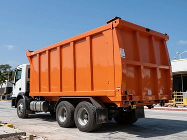 Low-angle hero shot of a heavy-duty delivery truck unloading a massive 40-yard orange dumpster at a downtown Orlando construction zone, high contrast