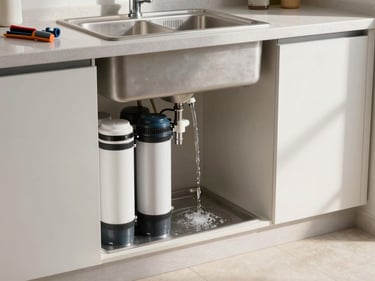 Environmental shot of a fully serviced RO unit mounted neatly under a kitchen sink, water running clear from the dedicated tap above, morning daylight across the counter, tools packed away, clean tiled floor
