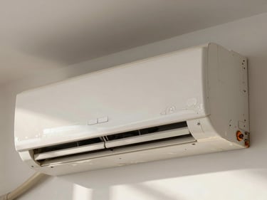 Close-up of a wall-mounted split AC indoor unit in a Noida apartment, natural daylight, peeling paint visible on the wall bracket, slightly rusted screws