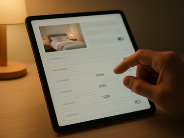 Close-up of a tablet screen showing a short-term rental listing being configured, a hand adjusting pricing settings, warm desk lamp light, clean minimal workspace surface visible beneath