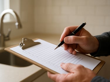 Close-up of a property manager's hands writing notes on an inspection checklist, natural window light, clipboard resting on a clean kitchen counter, detail of a faucet fixture visible in the soft background