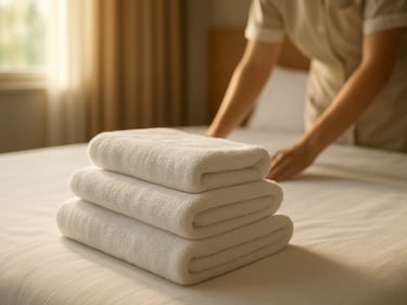 Close-up of freshly folded white towels arranged on a made bed, natural daylight from a nearby window, a housekeeper's hands visible smoothing the linen in the background, warm even lighting