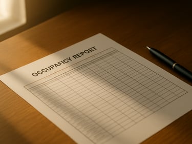 Close-up overhead shot of a printed occupancy report on a wooden desk, a pen resting beside it, warm natural light from a window to the left, clean and uncluttered workspace