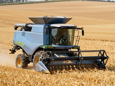 Modern combine harvester working in a vast golden field, crisp bright daylight, metallic textures, sharp focus