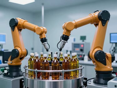 Clean automated bottling line, robotic arms moving amber-colored oil bottles, high-tech laboratory lighting, 35mm