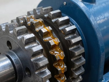 Macro close-up of heavy-duty excavator steel gears, amber grease coating, industrial daylight, 35mm