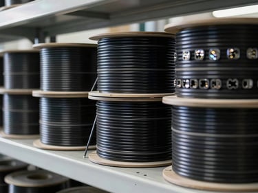 Close-up of photovoltaic wire coils and cable reels stacked in organized rows on industrial shelving, bright factory overhead lighting, cable cross-sections visible showing conductor gauge