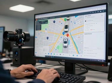 GPS fleet management dashboard on a monitor in a dispatch center, live map with vehicle pins visible, hands typing on a keyboard in the foreground, even overhead lighting