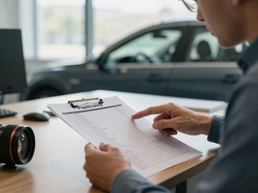 Driver onboarding session in progress, a coordinator pointing at a printed compliance checklist on a table, natural window light, operational office environment