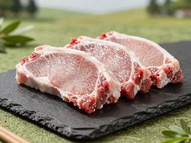 Raw fresh goat meat cuts styled minimally on a dark slate block, bright natural daylight, shallow depth of field