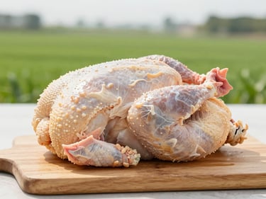 Raw whole pasture-raised chicken on a clean wooden board, bright natural overcast daylight, shallow depth of field