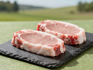 Raw fresh pork chops styled minimally on a dark slate block, bright natural daylight, shallow depth of field