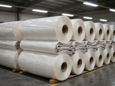 Rolls of stretch film tightly wound around folded textile bales on a warehouse floor, high-bay fluorescent lighting, neat rows extending into background