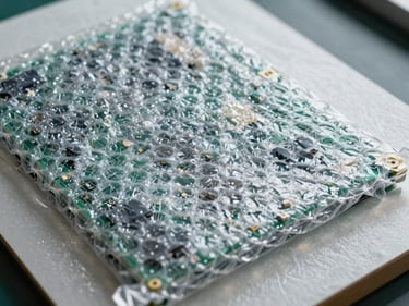 Close-up of anti-static bubble wrap sheet protecting a circuit board, studio lighting showing translucent film texture and component outlines beneath