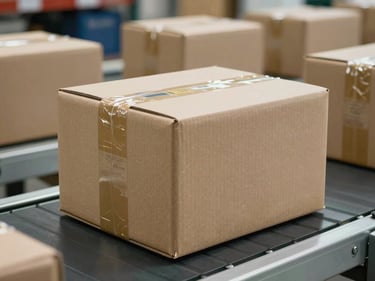 Medium shot of corrugated e-commerce dispatch boxes sealed with BOPP tape on a conveyor belt, bright warehouse lighting, label printing visible on box surface