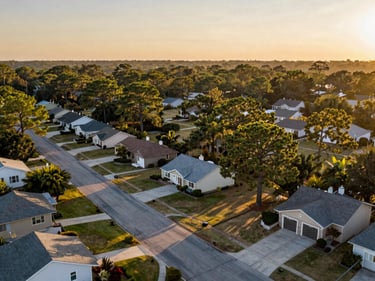 Drone aerial photography showing a local neighborhood at golden hour
