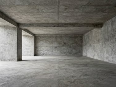 Wide interior view of a bare concrete hall — room proportions and spatial sequence visible, even north-facing light, no furnishings or people