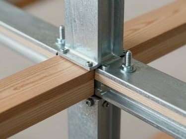 Macro detail of a steel-to-timber structural junction under studio lighting — fasteners, layering, and assembly logic fully legible, no decorative framing