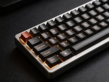 Close-up product thumbnail of a mechanical keyboard on near-black background, amber accent rim light on left edge