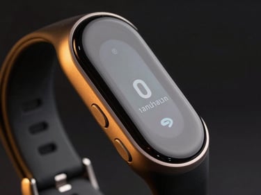 Close-up product thumbnail of a smart fitness tracker wristband on near-black background, amber accent rim light on left edge