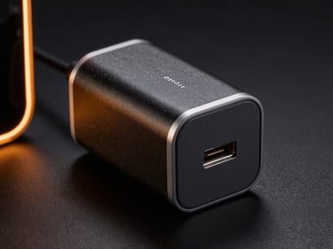 Close-up product thumbnail of a portable USB-C charger on near-black background, amber accent rim light on left edge