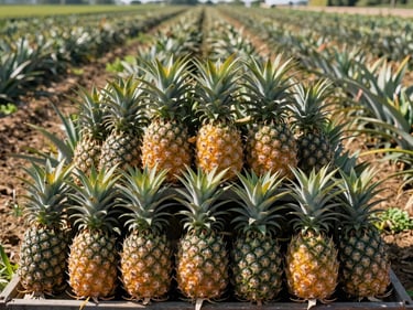 Stack of fresh pineapples on a farm cart, commercial agriculture photography, direct sunlight