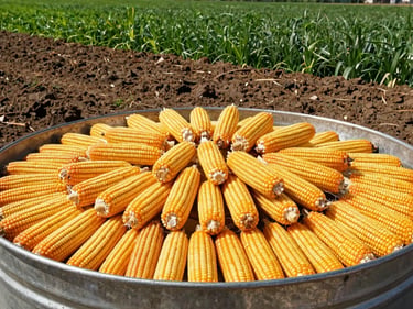 Bright yellow maize cobs in a large metal bin, commercial agriculture photography, direct sunlight