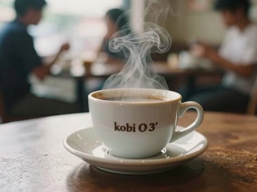 Steaming cup of local 'kopi O' on a ceramic saucer, gentle steam rising, soft focus background of cafe activity, warm light, rich coffee tones, shallow depth of field, 35mm film.