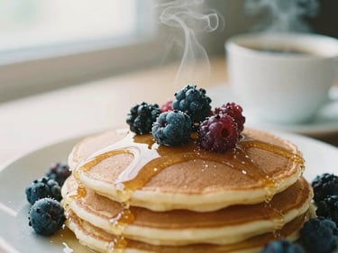 Close-up of a plate of fluffy local pancakes with fresh berries and maple syrup, steaming coffee cup in soft morning light, rich cream tones, shallow depth of field, 35mm film.