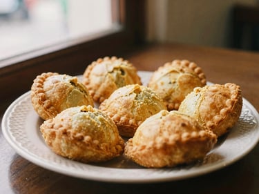 Plate of freshly baked curry puffs and traditional kuih, golden brown, on a patterned ceramic plate, cozy cafe setting, soft indoor glow, rich cream tones, shallow depth of field, 35mm film.