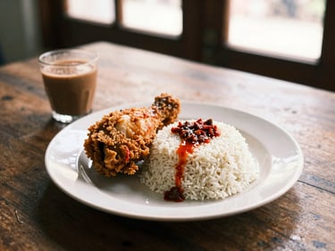 Medium shot of a traditional Malaysian Nasi Lemak with crispy fried chicken and sambal, vibrant colors, warm lighting, on a rustic wooden table, rich coffee tones, shallow depth of field, 35mm film.
