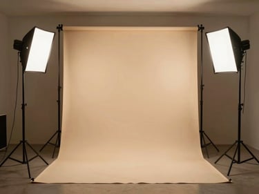 Photography backdrop setup in a decorated indoor venue — a structured fabric and balloon backdrop positioned under a professional lighting rig, warm studio strobes illuminating the backdrop evenly, no people, full-frame environmental shot