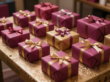 Styled return gift display — a flat lay of neatly arranged gift boxes in coordinated magenta and gold wrapping on a decorated table, warm side-light, extreme close-up of table detail, no people