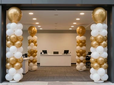 Wide environmental shot of a corporate social event decoration — sleek balloon columns in brand-neutral gold and white flanking a reception table, recessed spotlights overhead, full-room view from entrance, no people