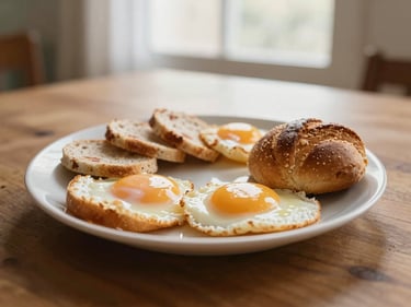A plate of freshly prepared local breakfast, soft morning light, on a wooden table, eye-level medium close-up, warm editorial photography.