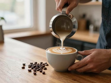 A barista pouring latte art into a ceramic cup, warm natural light, coffee beans scattered on a wooden counter, shallow depth of field.