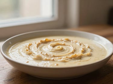 A comforting main meal dish, warm editorial photography, soft window light, rich cream and coffee tones, eye-level medium close-up.