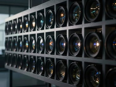 Cinematic shot of a modern corporate environment, sleek design, dramatic lighting, 16:9 aspect ratio, high contrast, deep shadows, anamorphic lens flares