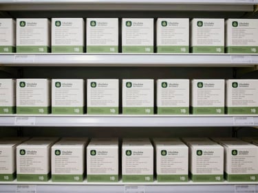 Organized display of edible cannabis product boxes on a retail shelf, straight-on environmental shot, bright clinical retail lighting, clearly printed regulatory labels, no decorative styling