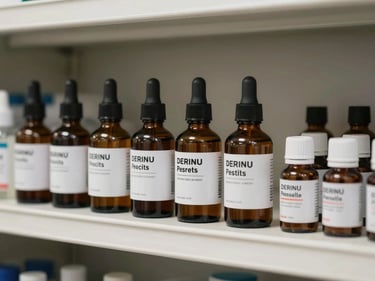 Row of tincture bottles and topical product containers on a clean dispensary shelf, natural light from the side, straight-on framing, labels clearly readable, no props or styling