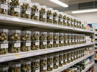 Wide interior retail shelf at daylight, organized rows of labeled cannabis flower containers in clear clinical packaging, bright overhead lighting, no people in frame