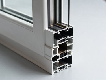 Studio close-up of an aluminium casement window cross-section profile on a pale grey surface, even overhead illumination, frame corner joint and thermal break channel visible in sharp detail, architectural documentation aesthetic