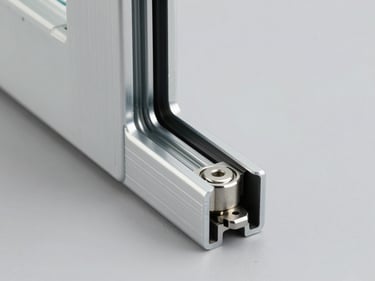 Studio close-up of an aluminium pivot door frame section on a pale grey surface, even illumination revealing the offset pivot bearing housing and continuous thermal break geometry, architectural documentation aesthetic