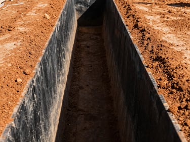 Deep, narrow, perfectly straight foundation trench, clean soil, bright natural daylight, high-contrast black and orange tones