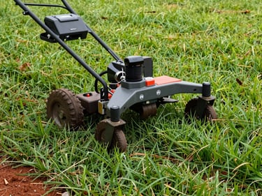 Close-up of mower deck cutting dense tropical buffalo grass on a Darwin lawn, red soil visible at the edge, natural hazy daylight, equipment in motion