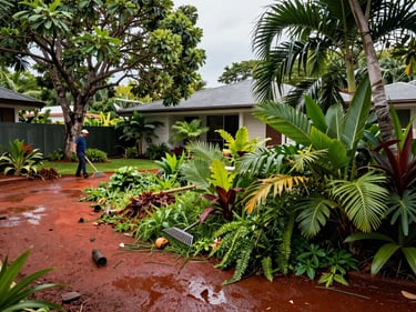 Wide shot of a Darwin residential yard mid-clean-up, overgrown tropical vegetation being cleared, crew member working with a rake near native trees, red earth visible, humid daylight