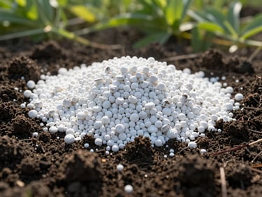 Close-up of granular fertilizer being spread on rich, dark soil, crisp morning sunlight.