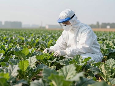 Agronomist inspecting a healthy crop field, focused on a specific plant, with protective gear, clear daylight.