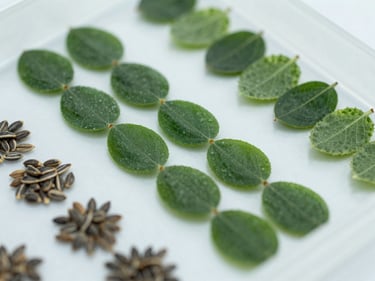 Close-up of various seeds neatly arranged on a laboratory tray, bright, clean lighting.