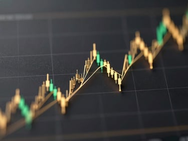 Abstract 3D render of a stock market index graph, dark obsidian background, gold and white data lines, high-contrast studio lighting.